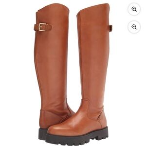 Tan Leather Knee-High Boots with Buckle